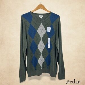 NWT Croft & Barrow Argyle V-Neck Sweater Green Blue L